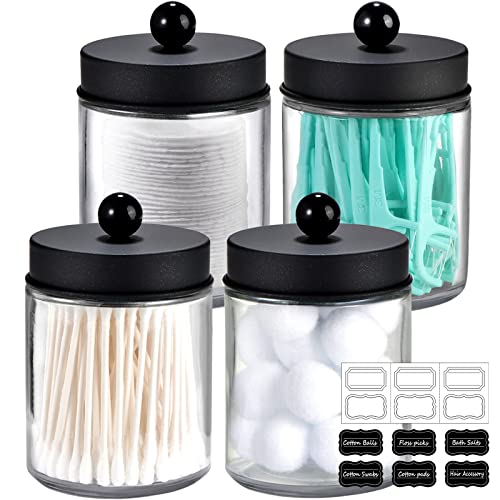 Amolliar 4 Pack Apothecary Jars Bathroom Vanity Storage Organizer Set -Countertop Canister with Stainless Steel Lids &Cute Stickers - Qtip Dispenser Holder for Qtips,Cotton Swabs,Makeup Sponges(Black) - color: Black