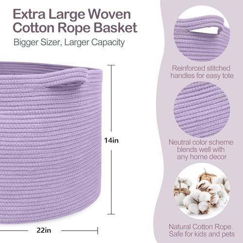 MEGASKET Purple Rope Storage Basket, 22" X 14" Large Woven Baskets, Jumbo Floor Bin for Throw Blankets Pillows, Baby Laundry Basket, Dirty Clothes Organizer, Big Storage Bin for Toys, Towels - color: Purple, size: 22"x22"x14"