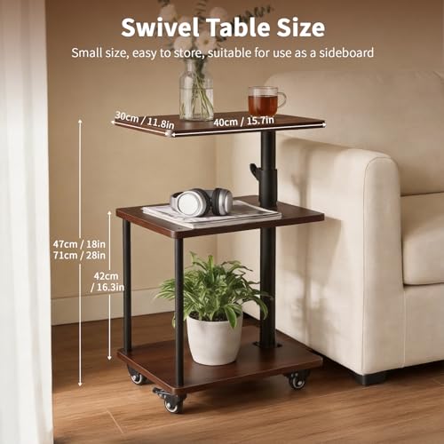 360° Swivel Side Table with Storage, Height Adjustable, Smooth-Rolling Wheels, C-Shaped End Table for Couch/Sofa, Recliner, Living Room, Walnut-Look - color: Walnut - Look