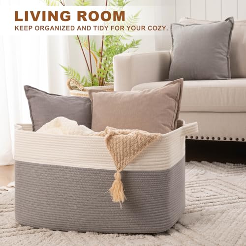 Extra Large Laundry Basket, 95L Blanket Basket for Living Room, Cotton Rope Toy Storage for Kids, Woven Baskets for Clothes, Towels, Pillows, 24" x 17" x 14", Grey and White - color: Grey & White, size: 24"x16.9"x14.2"