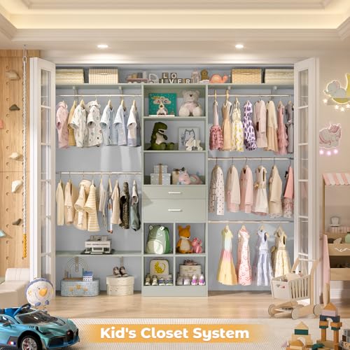 Closet System - 4.75-8FT Closet Organizer System with Wooden Drawers & Cube Storage Organizer, Up To 96" Closet Systems for Nursery & Walk-In Closets with Cuttable Hanging Shelving, Crab Green - color: Crab Green, size: 8 FT
