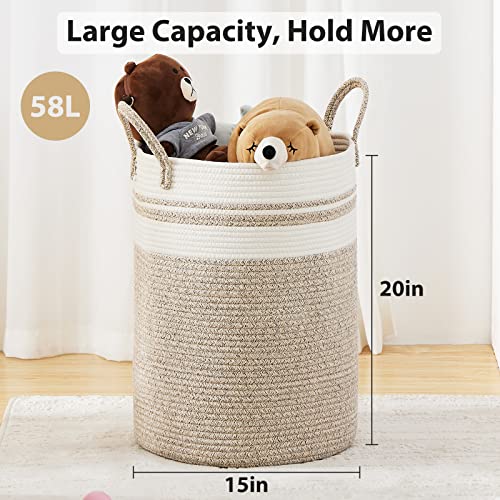 Large Laundry Hamper, Tall Woven Storage Basket for Blankets, Cotton Baby Nursery Hamper, Toys and Dirty Clothes in Bedroom and Living Room Organizing - 58L Brown & White - color: Brown & White, size: Tall(58L)
