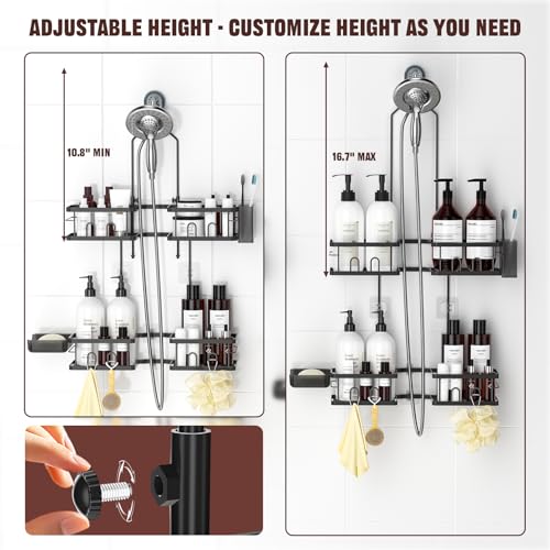 REINHARDT Adjustable Shower Caddy Hanging Rustproof Shower Caddy for Handheld Showerheads, Shower Organizer with Hooks Soap Holder Toothbrush Holder, Anti-Swing Shower Rack Bathroom Accessories, Black - color: Black