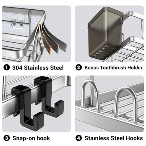 AKTECKE Corner Shower Caddy Shelf Rack: 2 Pack Adhesive Shower Organizer Essentials - No Drilling Stainless Steel Bathroom Storage Rack with Hooks and Toothpaste Holder - color: bright silver, size: 9.6"×9.6"×2.6"
