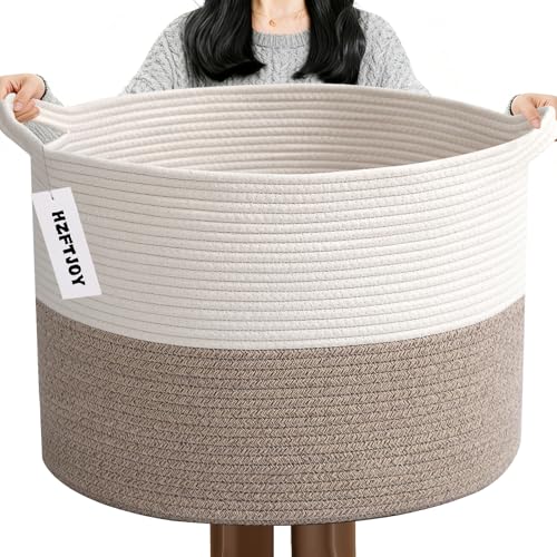 115L Extra Large Blanket Basket,Woven Rope Laundry Basket Hamper with Handles, Decorative Nursery Basket Storage Bin for Toys, Clothes Organizer, Living Room, Bedroom, Bathroom, White & Brown - color: White&Brown, size: 23.6"L x 23.6"W x 15.7"H(115L)