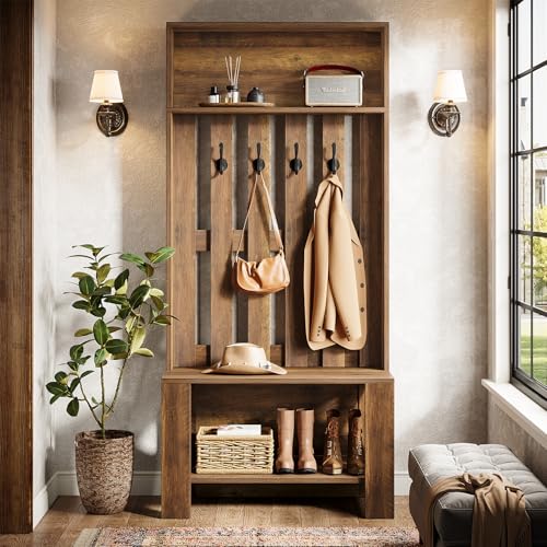 Tribesigns Hall Tree with Bench and Shoe Storage, 70.8" Tall Freestanding Coat Rack with Shoe Bench, Farmhouse Narrow Hall Tree Organizer with Hooks for Entryway, Hallway, Mudroom, Space-Saving, Brown
