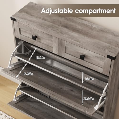Halitaa Shoe Cabinet with 2 Flip Drawers & 2 Drawers,Farmhouse Shoe Storage Cabinet for Entryway,Slim Freestanding Narrow Organizer Rack for Front Door Entrance,Grey - color: Grey, style: 2-Drawers