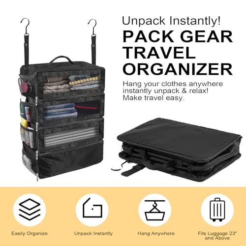 Suitcase Organizer, Travel Luggage Organizer Portable Hanging Travel Shelves Collapsible Hanging Packing Cubes for Carry on Suitcase with 5 Medium Vacuum Storage Bags and Hand Pump,Black