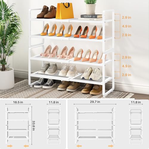 SNTD Shoe Rack - Expandable Shoe Organizer for Closet, Adjustable Metal Shoe Shelf Storage, Stackable Long Shoe Stand Holder for Garage, Entryway, Door Entrance (White, 4-Tier) - color: White, size: 4-Tier