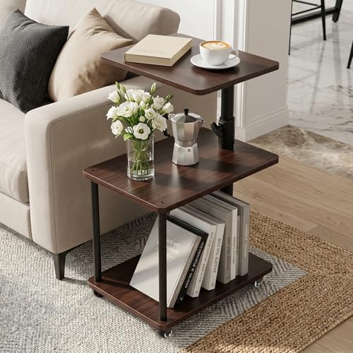360° Swivel Side Table with Storage, Height Adjustable, Smooth-Rolling Wheels, C-Shaped End Table for Couch/Sofa, Recliner, Living Room, Black Walnut-Look - color: Black Walnut - Look