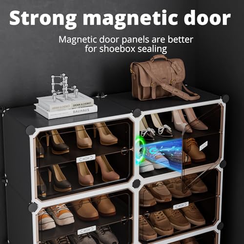 MAGINELS 8-Tier Shoe Rack,Expandable Plastic Shoe Cabinet. Shoe Storage with Door,Entryway, Closets, Hallway, and Bedroom.Accommodates Up to 48 Pairs of Shoes.Grey (3 by 8) - size: 3 by 8 (24 Pairs)