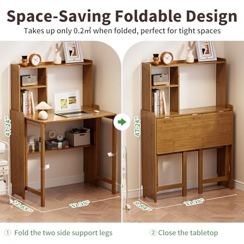 Bamboo Folding Desk for Small Spaces with Storage, Mid Century Foldable Desk with Bookshelf, Small Desks with Storage for Home Office Bedroom, Brown - color: Brown, size: 21.65"D x 40.55"W x 29.92"H