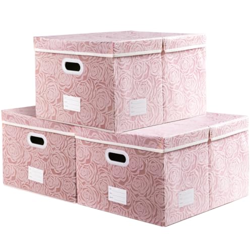 PRANDOM Extra Large Collapsible Storage Boxes with Lids Fabric Decorative Storage Bins Cubes Organizer Baskets with Cover Handles Divider for Bedroom Closet Living Room 19.7x15.7x11.6 Inch 3 Pack - color: Pink, size: X Large(3-Pack)