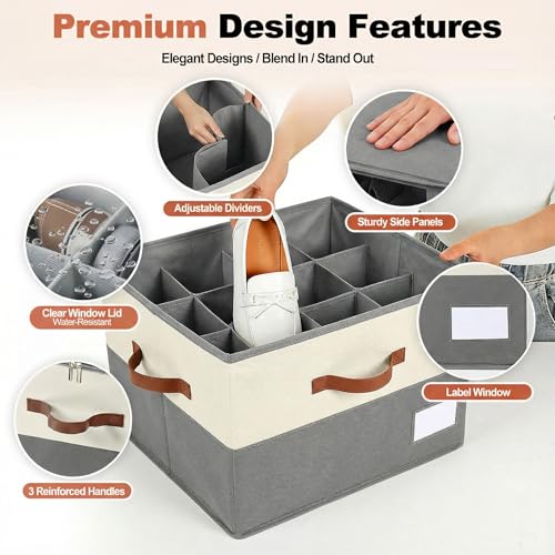Shoe Organizer for Closet, Foldable Shoe Rack with Clear Cover, Adjustable Dividers for 16 Pairs, Storage Cubby for Wardrobe, Beige & Grey - color: Beige & Grey