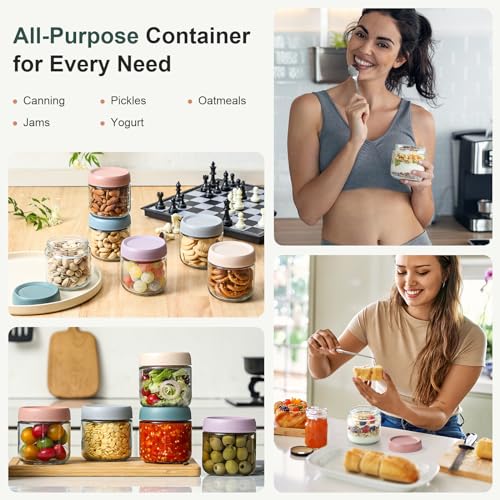 NETANY 6-pack 10oz Glass jars with Airtight Lids, Overnight Oats Containers with Lids, Wide mouth Mason Salad jars, Glass Food Storage Containers for Snacks Yogurt Spice Sugar - color: Multicolor- 10 oz (6 Pack)