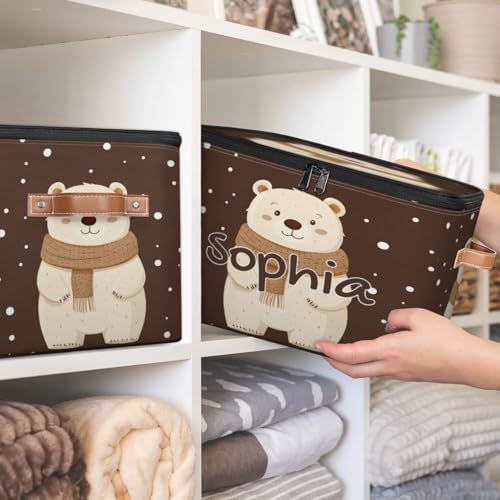 Custom Storage Basket with Name, Personalized Storage Bins with Zipper Lid, Foldable Fabric Storage Box Large capacity with Handle Scarf Bear - color: Option 2