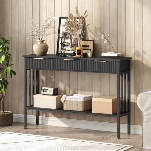 MAHANCRIS Console Table for Entryway, Entryway Table with Storage and Drawers, Narrow Long Sofa Table for Living Room, Hallway, Behind Couch, Corridor, Black and Gold CTHB5201 - size: 11.8"D x 47.3"W x 32.3"H