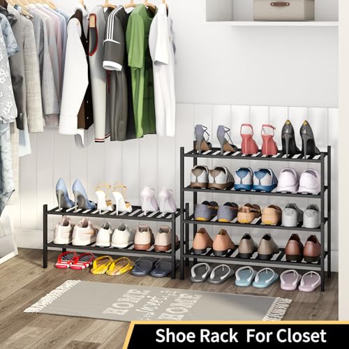 Shoe Rack, 2-Tier Bamboo Stackable Shoe Shelf Storage Organizer, Shoe Stand for Closet, Entryway and Hallway - color: Black, size: 2-Tier-Standard