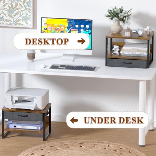MARTY Printer Stand with Storage Drawer for Desk, 2-Tier Desktop Printer Stand Shelf Organzier for Home Office Printer Riser Under Desk Small Printer Table (Rustic Brown) - color: Rustic Brown, size: 2 Tier With Drawer