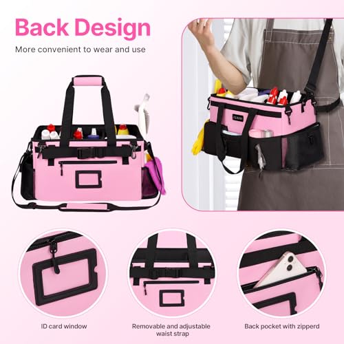 JKAOO Large Wearable Cleaning Caddy Bags,Cleaning Supplies Storage Bag with Handles and Adjustable Shoulder Strap and Removable Waist Straps,Waterproof Cleaning Bags for Home,Car,Office (Pink) - color: Pink