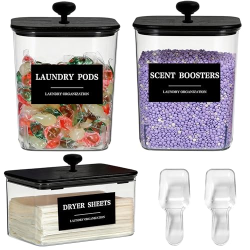 3 Pack Laundry Pods Container Plastic Dryer Sheet Container for Powder Laundry Detergent, Dryer Sheet Holder with Black Lid, Clear Laundry Containers for Laundry Beads Scent Booster - color: 3 Pack