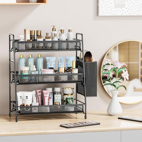 EKNITEY Bathroom Countertop Organizer Shelf - 3 Tier Counter Spice Rack Metal Makeup Rack Small Coffee Station Organizer for Sink/Bedroom/Living room/Kitchen/Office - color: Black with Basket