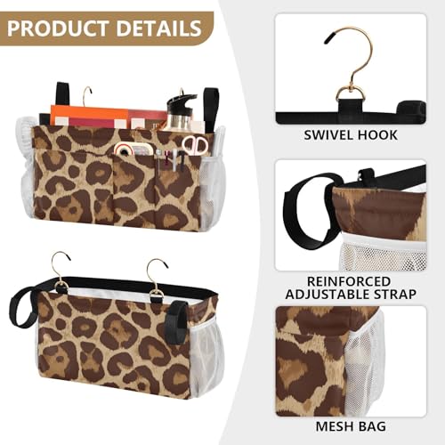 Bedside Caddy Metal Frame Hanging Organizer Bunk Bed Dorm Accessories Hook And Loop Storage Bag Large Pockets Light Leopard Print - color: Light Leopard Print
