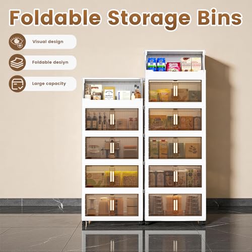6 Tier Plastic Storage Bins with Top Open Shelf, Folding Storage Box with Doors and Wheels, Stackable Closet Organizers for Living Room, Office, Dorm