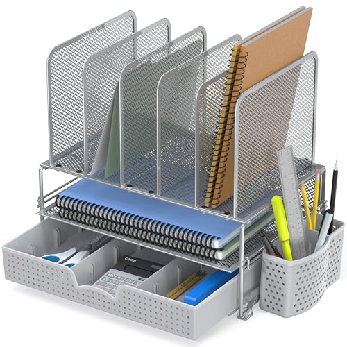 Simple Houseware Mesh Desk Organizer with Sliding Drawer, Double Tray and 5 Upright Sections, Silver - color: Silver