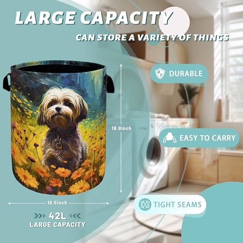 Watercolor Yorkie Laundry Basket Foldable With Handles Cute Dog Flowers Tote Bag Oxford Cloth Animal Dogs Laundry Hamper Clothes Toy Storage Bucket For Bathroom/Laundry/Bedroom 18.9"x16.5 " - color: Watercolor Yorkie With Yellow Floral