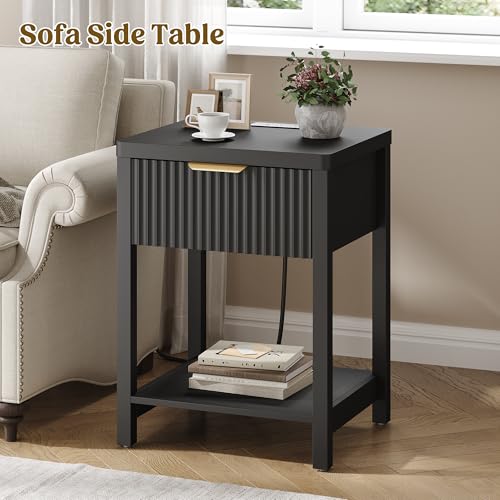 Lulive Night Stand Set 2, Fluted Nightstand with Charging Station, Wood Modern Bedside End Table with Storage Drawer for Bedroom, Save Space (Set of 2, Black) - color: Black, size: 1 Drawer-Set of 2 Nightstand