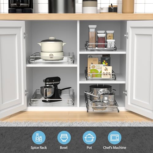 ZOINLIY Pull Out Cabinet Organizer, Versatile Slide Out Kitchen Organizers and Storage,Heavy Duty Drawer Cupboard Storage Basket, Smooth Sliding, Chrome Finish,17.8" W x 21" D - size: 17.8”W x 21”D (Outside Dimensions)