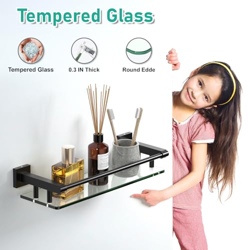 Glass Shelf 16IN for Bathroom Black Rectangular Stainless Steel Tempered Glass Modern Wall Mount Shelf Sink Over Toilet Bathroom Organizer (Matte Black, 16‘’) - color: Matte Black, size: 16'' with Railing