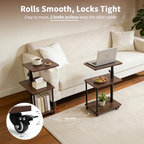 360° Swivel Side Table with Storage, Height Adjustable, Smooth-Rolling Wheels, C-Shaped End Table for Couch/Sofa, Recliner, Living Room, Walnut-Look - color: Walnut - Look
