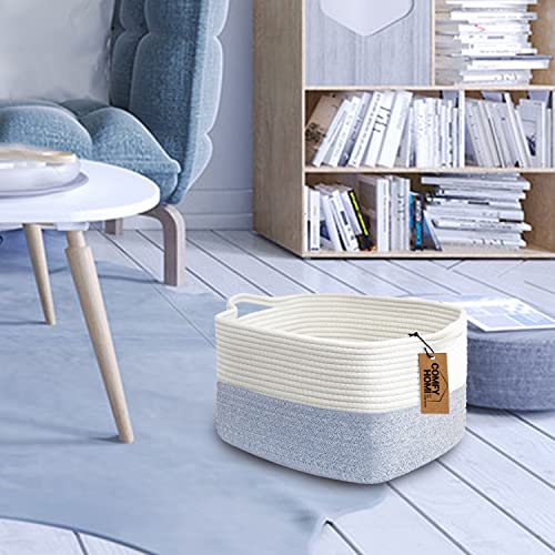 COMFY-HOMI Cotton Rope Woven Basket with Handles for shelf，Toy, Book, Cloth Storage Basket for Organizing-13.5"X11"X9.5" Storage Bin for Living Room, Newborn or Infant Gift for boy girl （White/blue） - color: white/blue, size: 13.5"X11"X9.5"