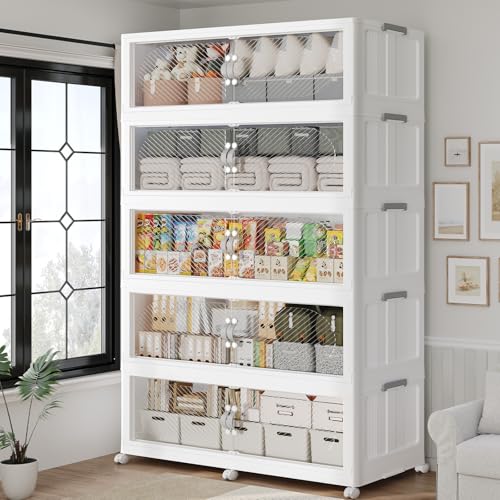 300Gal/1200QT 5-Tiers Extra Large Stackable Storage Bins with Lid, Collapsible Cabinet Closet Organizer Plastic Container Box with Wheels Doors Drawers for Living Room Kitchen Office, White - size: 60Gal, style: 5Pack