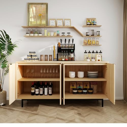 MUUEGM Buffet Cabinet with Storage, 58" Fluted Sideboard Kitchen Storage Cabinets with Shelves and 4 Doors, Modern Wood buffets & Sideboards for Dinging Room, Living Room, Natural Storage Cabinet - color: Natural