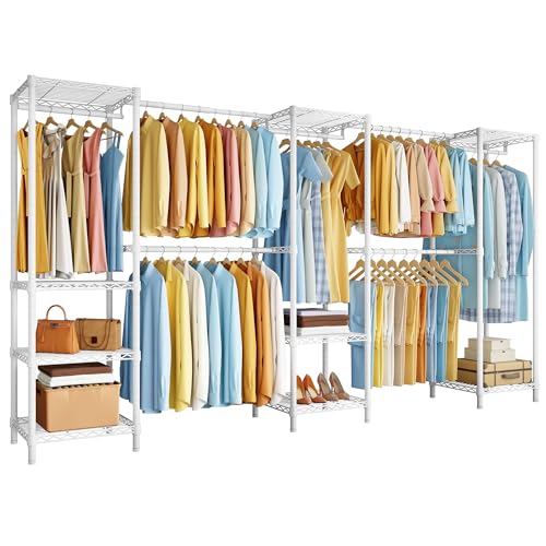 M2 Heavy Duty Clothes Rack, Expandable Large Clothing Rack from 8'4"-11'2", Closet Organizer System for Reach-in Closet, White Wardrobe Closet with Extended Hanging Rods, Max Load 1000LBS - color: White