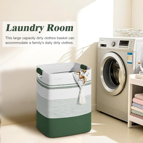 Laundry Hamper, 85L Tall Laundry Basket with Leather Handles, Rectangle Large Clothes Hamper for Organizing, Cotton Woven Laundry Baskets Storage Hampers for Bedroom, Nursery, Living Room - color: Green, size: 85L