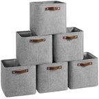 FinishingBo Cube Storage Baskets 6 Pack, 11x11 inch Cube Storage Bins with Leather Handles for Shelf Closet (Gray) - color: Gray