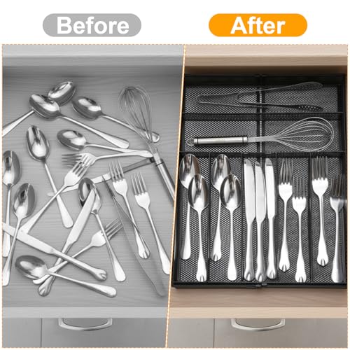 1 Pcs Utensil Drawer Silverware Organizer, Metal Mesh Expandable 13" ~24" Kitchen Drawer Organizer, 7-9 Slots Cutlery Tray Dividers for Kitchen Flatware Christmas Housewarming Gift (Black) - color: Black