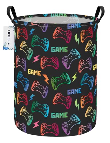 Round Game Controller Laundry Basket,Collapsible Laundry Hamper for Kids Boys,Waterproof Video Game Toy Storage Bin for Bedroom,Playroom, Boys Room,Gamer Gift (GAME) - color: Round GAME