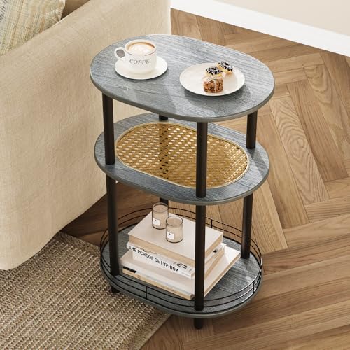 3 Tier Round Side Table with Storage, Oval End Table with Rattan Shelf & Metal Basket - Boho Nightstand, Accent Table, Tool Free Assembly & Screw-Hole Free Tabletop for Living Room Bedroom-Grey - color: Grey-rattan, size: 1PC