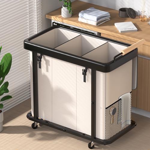 60 Gal (230L) Laundry Hamper 3 Section with Lid, Leather Patchwork Laundry Sorter with Rolling Lockable Wheels and Handle, Laundry Basket Organizer for Laundry Room, Bedroom and Bathroom - Beige - color: Beige-3 Section, size: 3 Section