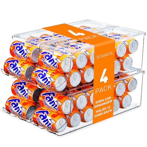 SCAVATA 4 Pack Soda Can Organizer for Refrigerator, Stackable Canned Food Pop Cans Container Can Holder Dispenser with Lid for Fridge Rack Freezer, Clear Storage Bins-Holds 12 Cans Each (Transparent) - color: Transparent