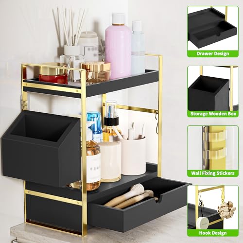 2-Tier Bathroom Counter Organizer with Drawer and Basket, Wood Countertop Organizer for Storage, Skincare Organizers for Vanity, Counter Shelf for Bathroom Organization(Black-Gold) - color: Black-gold