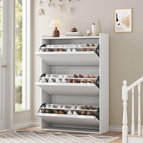 GarveeHome Shoe Cabinet with 3 Flip Drawers, Wooden Shoe Organizer with Adjustable Shelf, Shoe Storage for Entryway, Hidden Shoe Cabinet for Hallway, Living Room, White - color: White, size: 3-Drawers