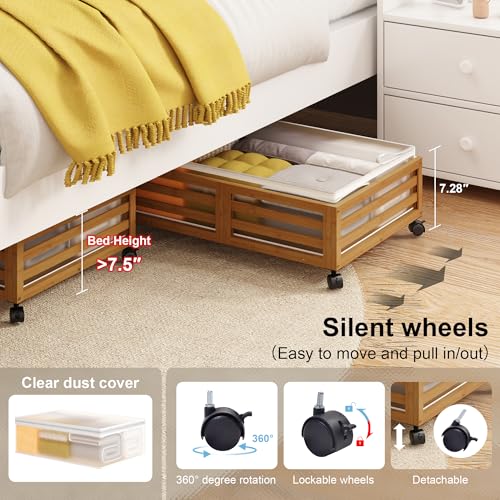 Under Bed Storage Containers With Wheels - 2 Pcs Bamboo Wood Rolling Underbed Shoe Storage Bins With Dust Bags for Clothes Blankets, Duvet Covers Snacks Toys (Walnut) - color: Brown, size: M
