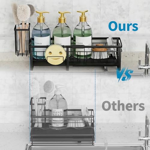 Aurblozen Extra Large Extendable Sponge Holder for Kitchen Sink, Rustproof Sink Caddy Organizer with High Brush Holder, Dish Soap Dispenser Organizers and Storage (Black) - color: Black