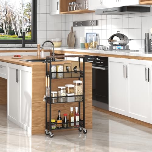 XYZLVSI Slim Storage Cart 4 Tier Narrow Kitchen Rolling Cart on Wheels for Small Space, Mobile Utility Cart Shelving Unit with Wooden Top and Metal Handle for Kitchen, Bathroom, Laundry Room - size: 16.7"Dx5.0"Wx34"H
